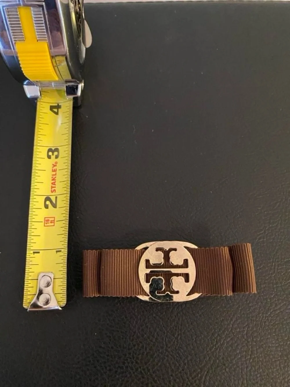 Tory Burch Brown Ribbon Hair Clip with Gold Logo
